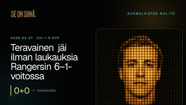 Teravainen jäi ilman laukauksia Rangersin 6–1-voitossa. T. Teravainen. CHI 1–6 NYR