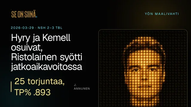 Hyry ja Kemell osuivat, Ristolainen syötti jatkoaikavoitossa. J. Annunen. NSH 2–3 TBL