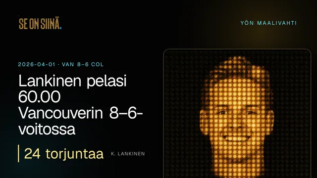 Lankinen pelasi 60.00 Vancouverin 8–6-voitossa. K. Lankinen. VAN 8–6 COL