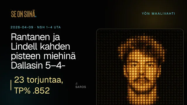 Rantanen ja Lindell kahden pisteen miehinä Dallasin 5–4-voitossa. J. Saros. NSH 1–4 UTA