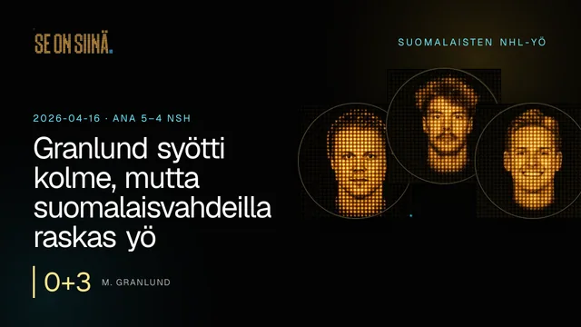 Granlund syötti kolme, mutta suomalaisvahdeilla raskas yö. M. Granlund, J. Saros, K. Lankinen. ANA 5–4 NSH