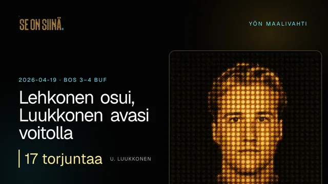 Lehkonen osui, Luukkonen avasi voitolla. U. Luukkonen. BOS 3–4 BUF