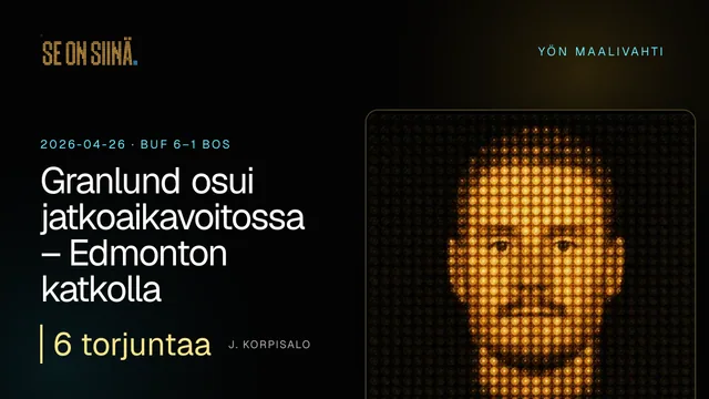 Granlund osui jatkoaikavoitossa – Edmonton katkolla. J. Korpisalo. BUF 6–1 BOS