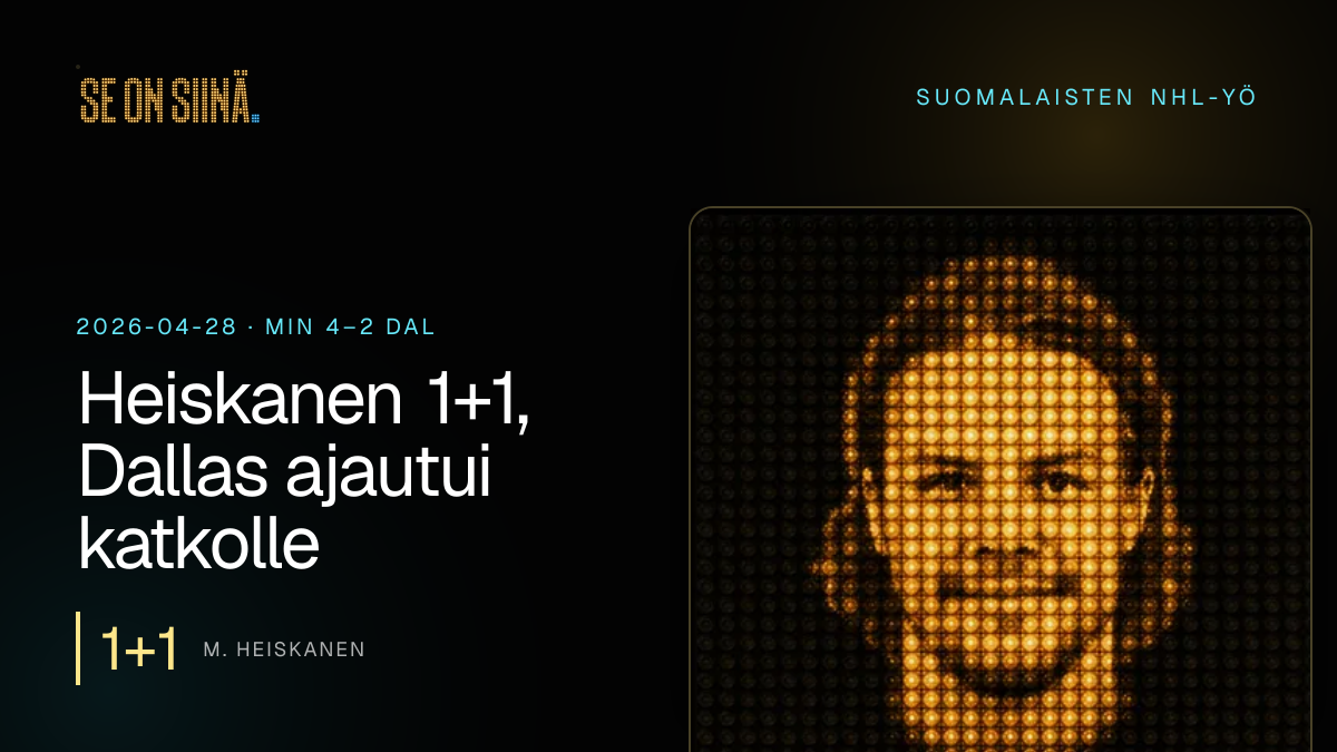 Heiskanen 1+1, Dallas ajautui katkolle. M. Heiskanen. MIN 4–2 DAL