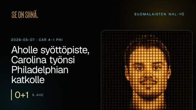 Aholle syöttöpiste, Carolina työnsi Philadelphian katkolle. S. Aho. CAR 4–1 PHI