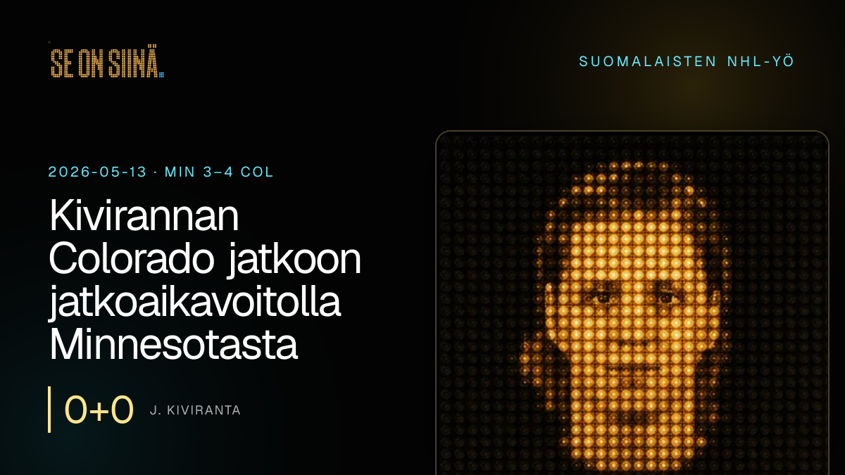 Kivirannan Colorado jatkoon jatkoaikavoitolla Minnesotasta. J. Kiviranta. MIN 3–4 COL