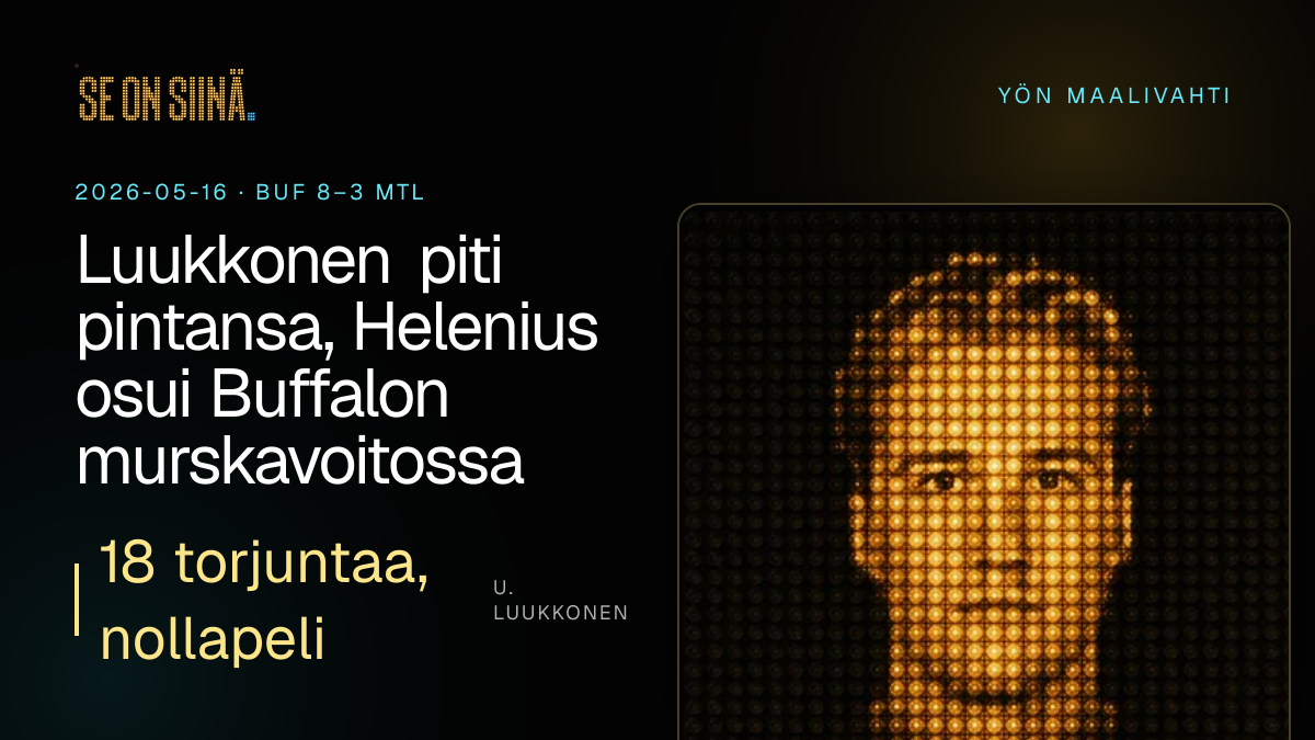 Luukkonen piti pintansa, Helenius osui Buffalon murskavoitossa. U. Luukkonen. BUF 8–3 MTL