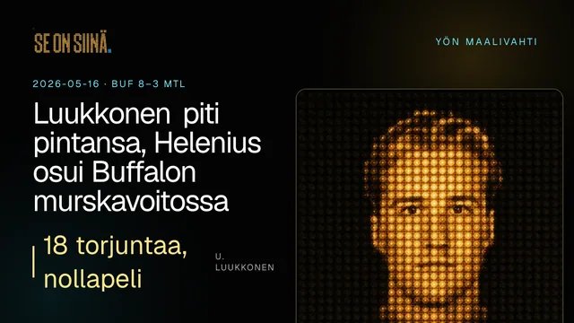 Luukkonen piti pintansa, Helenius osui Buffalon murskavoitossa. U. Luukkonen. BUF 8–3 MTL