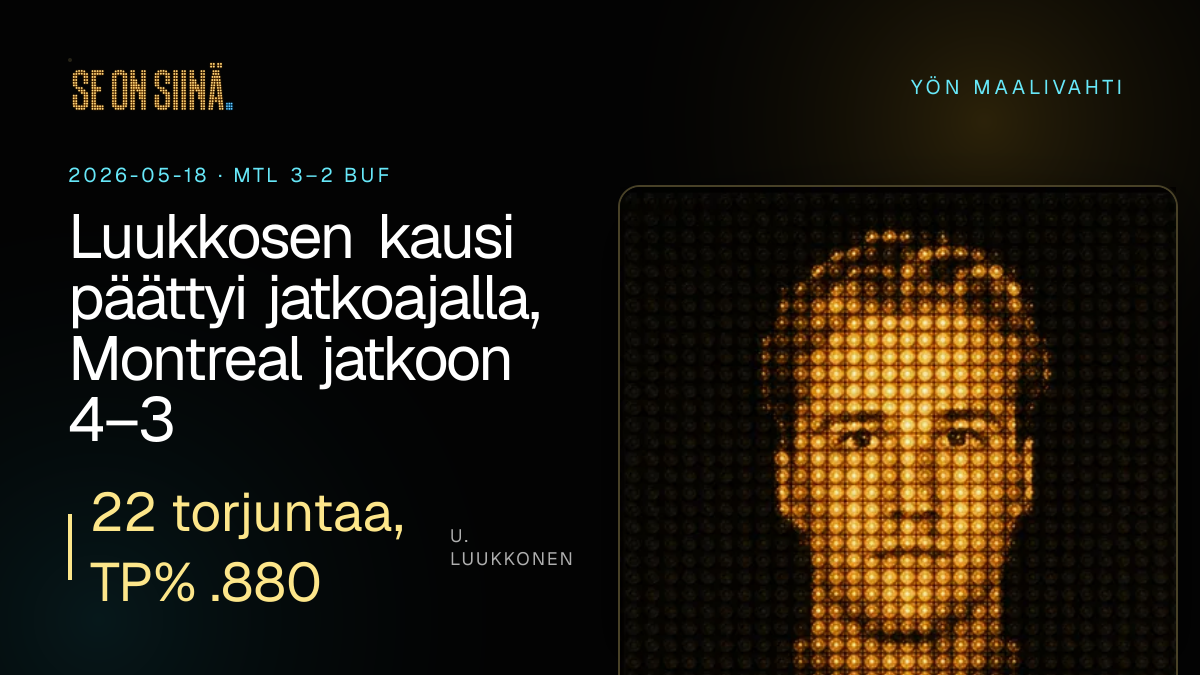 Luukkosen kausi päättyi jatkoajalla, Montreal jatkoon 4–3. U. Luukkonen. MTL 3–2 BUF