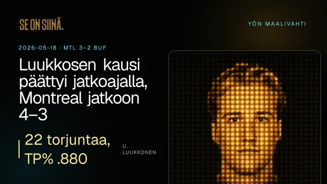 Luukkosen kausi päättyi jatkoajalla, Montreal jatkoon 4–3. U. Luukkonen. MTL 3–2 BUF