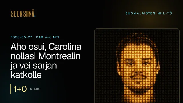 Aho osui, Carolina nollasi Montrealin ja vei sarjan katkolle. S. Aho. CAR 4–0 MTL