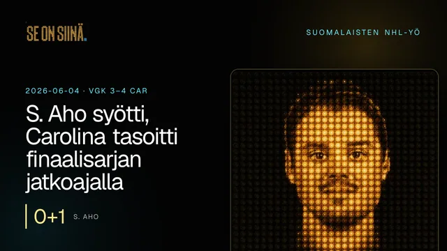 S. Aho syötti, Carolina tasoitti finaalisarjan jatkoajalla. S. Aho. VGK 3–4 CAR