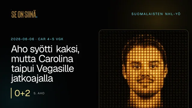 Aho syötti kaksi, mutta Carolina taipui Vegasille jatkoajalla. S. Aho. CAR 4–5 VGK