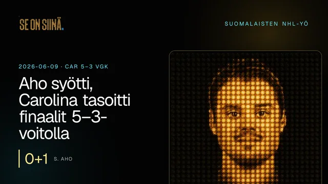Aho syötti, Carolina tasoitti finaalit 5–3-voitolla. S. Aho. CAR 5–3 VGK