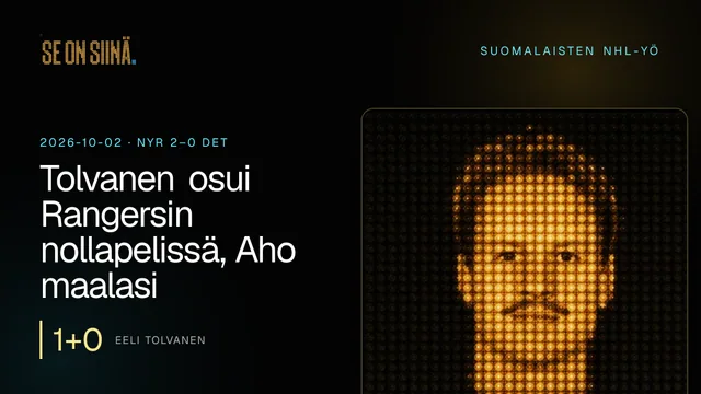 Tolvanen osui Rangersin nollapelissä, Aho maalasi. Eeli Tolvanen. NYR 2–0 DET