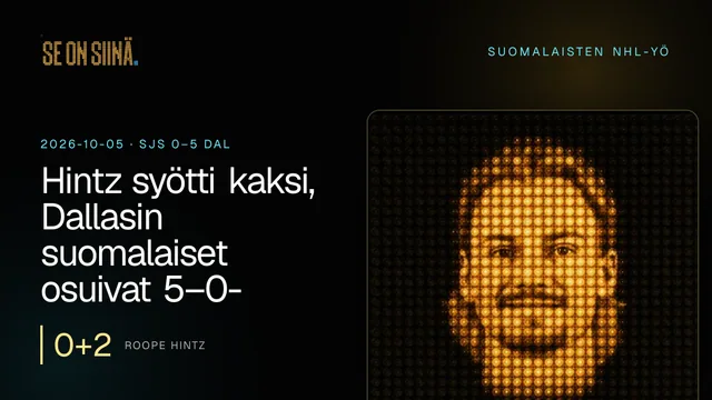 Hintz syötti kaksi, Dallasin suomalaiset osuivat 5–0-voitossa. Roope Hintz. SJS 0–5 DAL