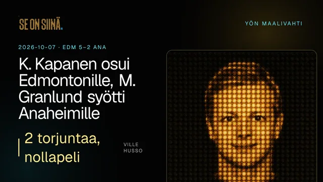 K. Kapanen osui Edmontonille, M. Granlund syötti Anaheimille. Ville Husso. EDM 5–2 ANA