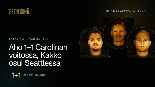 Aho 1+1 Carolinan voitossa, Kakko osui Seattlessa. Sebastian Aho, Kevin Lankinen, Kaapo Kakko. CAR 4–1 PHI