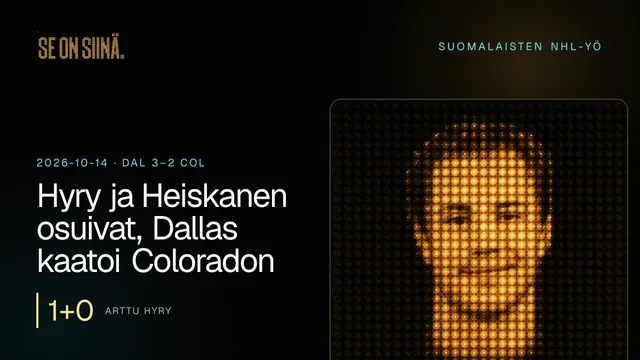 Hyry ja Heiskanen osuivat, Dallas kaatoi Coloradon. Arttu Hyry. DAL 3–2 COL