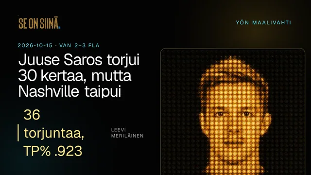 Juuse Saros torjui 30 kertaa, mutta Nashville taipui SJS:lle. Leevi Meriläinen. VAN 2–3 FLA